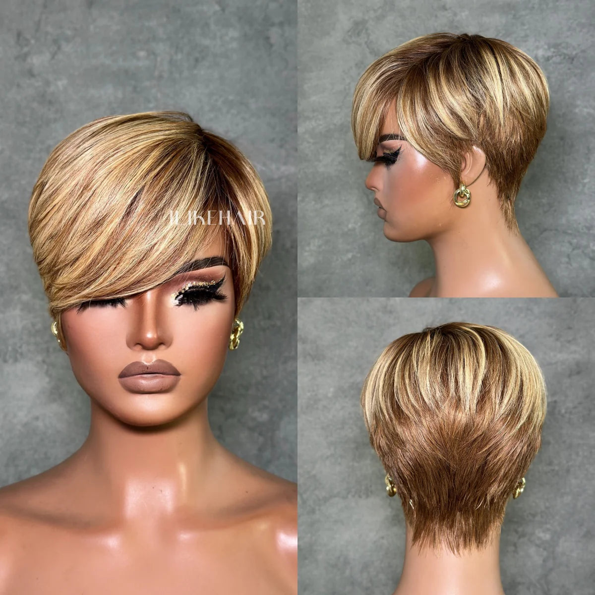 Brown With Blonde Highlight Short Pixie Cut Long Bang Glueless Wig