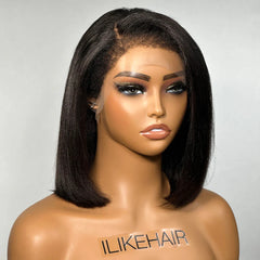 Natural Yaki Texture Blowout Bob 13X4 HD Lace Front With Kinky Edges Wig