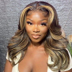 Blonde Mix Brown Highlight Wave Layered Cut Lace Front Wig