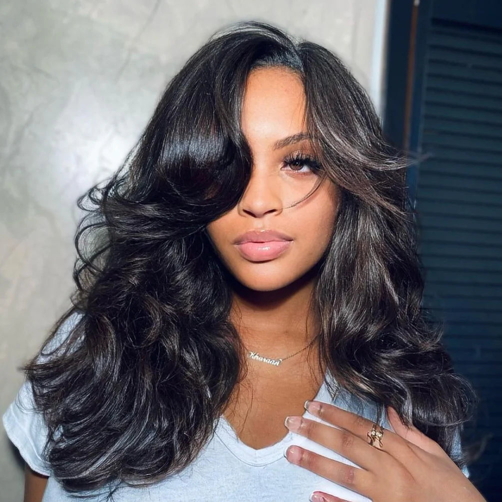 Layered Cut 5x5 Closure Wavy Glueless Lace Wig Side Bangs Human Hair