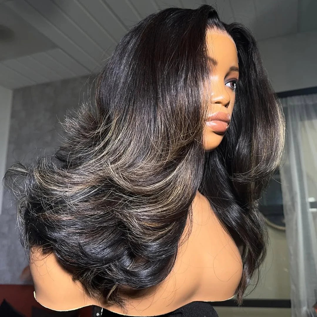Natural Black with Blonde Highlight Body Wave 5��5 HD Lace Closure Wig