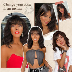 Brown Wavy Glueless Wig with Bangs Chocolate Brown Shoulder Length Human Hair Wigs