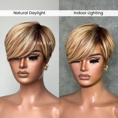 Brown With Blonde Highlight Short Pixie Cut Long Bang Glueless Wig