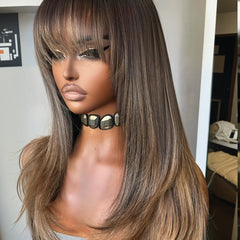 Brown Mix Blonde Highlight With Bang HD Lace Human Hair Wig