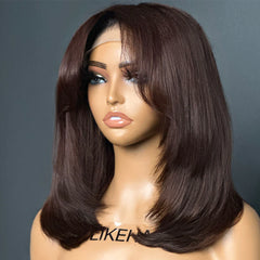 Chocolate Brown Layered Cut With Curtain Bangs Lace Closure Wig