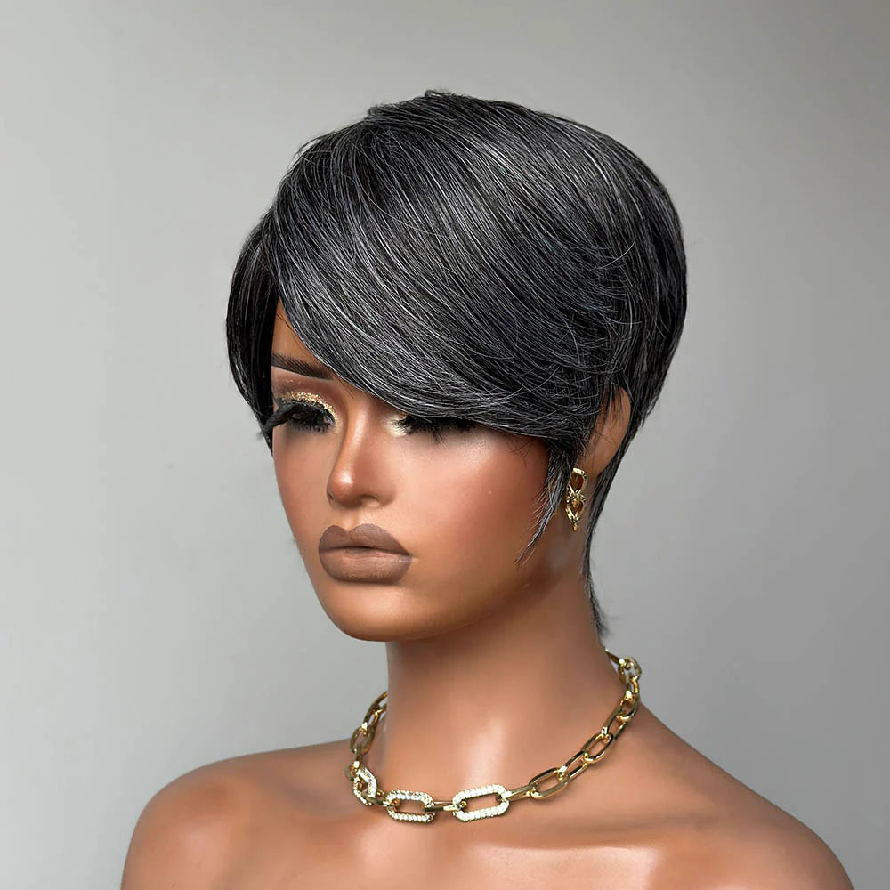 Short Silver Pixie Human Hair Wig with Side Bangs