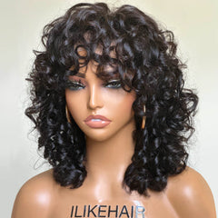 Short Loose Bouncy Curly Human Hair With Bangs Glueless Wig
