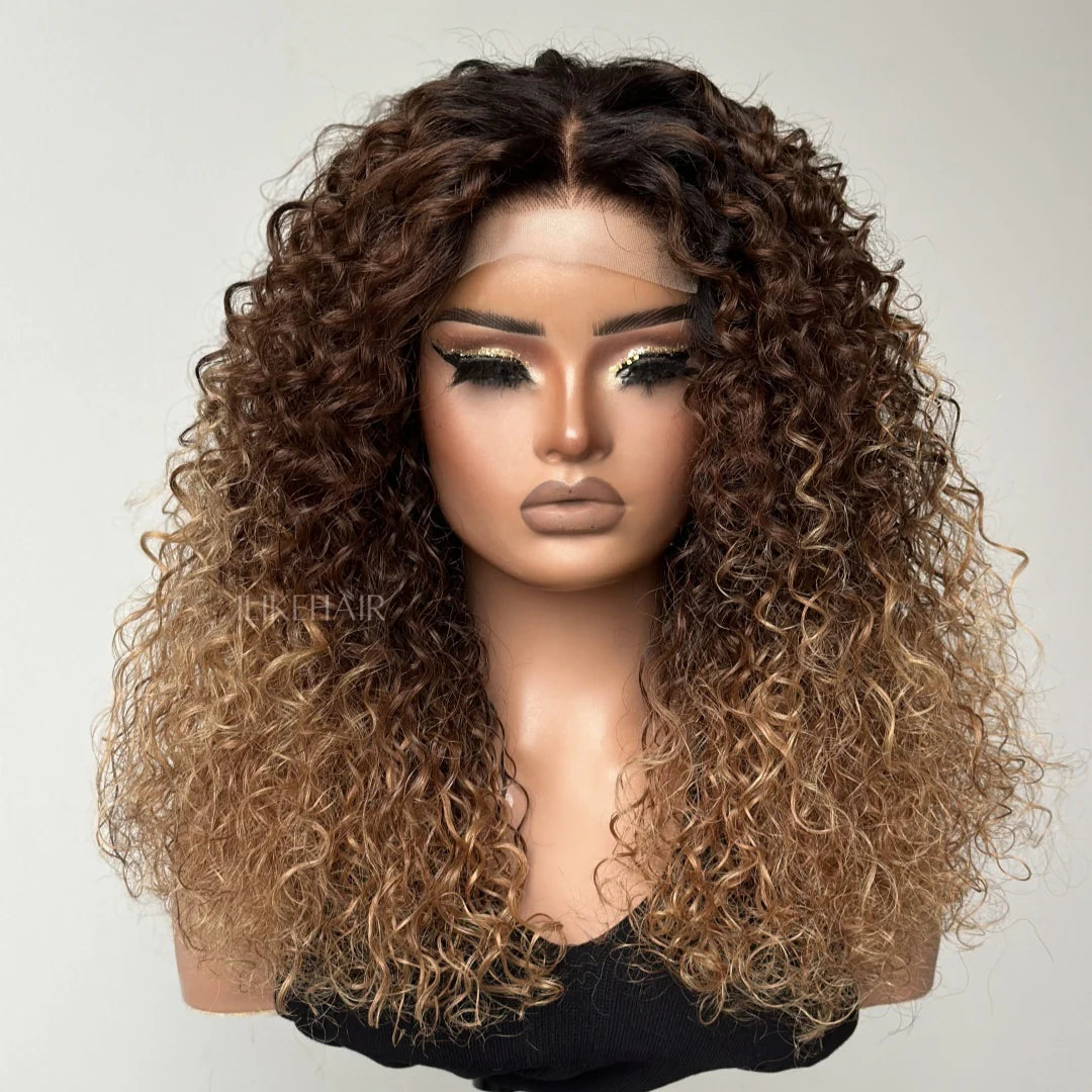 T4/27 Ombre Blonde With Black Root Water Wave 6x6 Lace Closure Wig