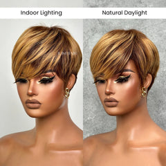 Put on  & Go Blonde Highlight with Bottom Brown Pixie Cut Wig