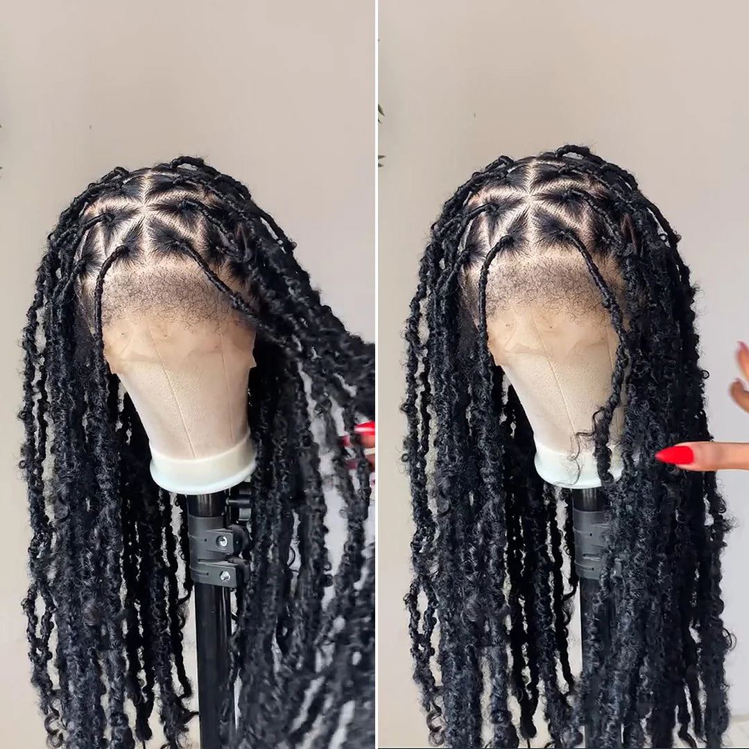 Full Lace Faux Locs Boho Curls Braided Invisi Drawstring Wig With Kinky Edges