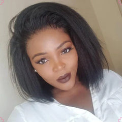 Short Kinky Straight Human Hair Bob Lace Front With Kinky Edges Wig