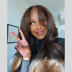 Camel Brown Layered Cut With Curtain Bang Quick Weave Lace Wig