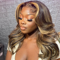 Blonde Mix Brown Highlight Wave Layered Cut Lace Front Wig