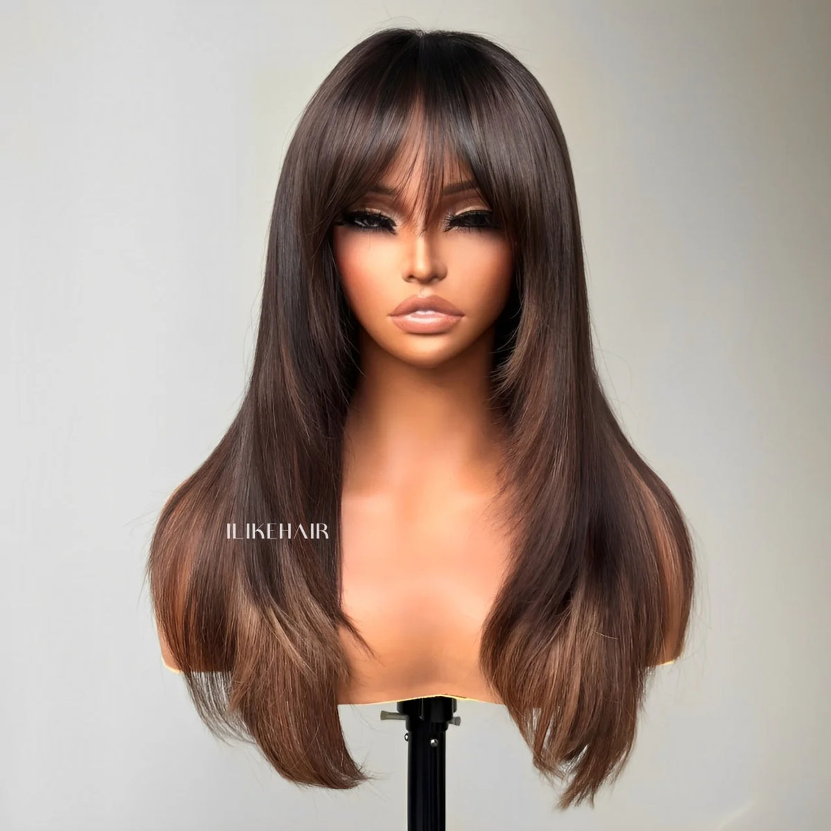 Brown Highlight With Bang Layered Cut 5��5 Lace Human Hair Wig