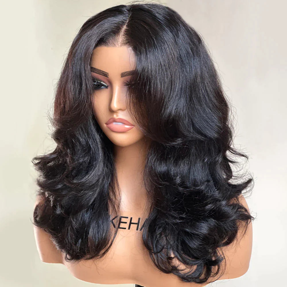 Put on & Go Inspired Layered Curtain Bangs Wavy Lace Closure Wig