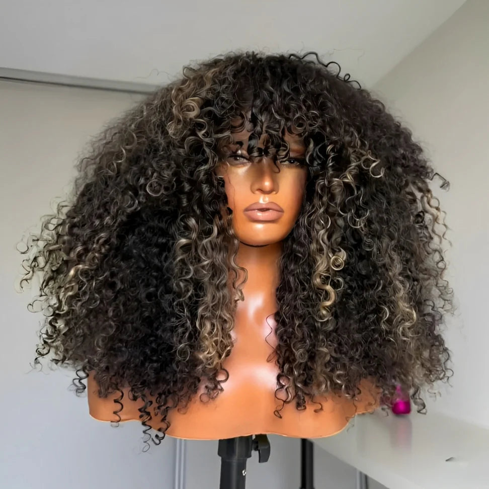 Blonde Highlight Glueless Curly Human Hair Wigs With Bangs